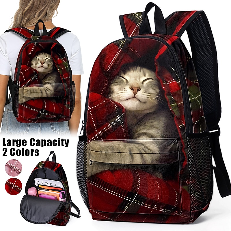 Large Capacity Animal Cat Print Backpack with Red Plaid Design – Cute and Durable Back to School or Travel Bag in 2 Colors