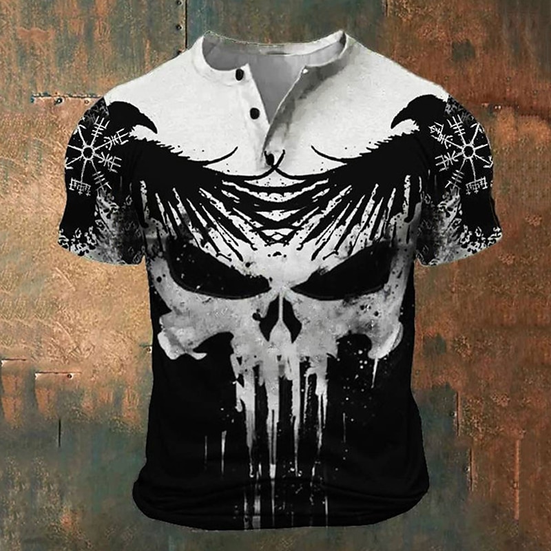Men's Halloween Graphic Viking Skulls T Shirt Henley Shirt Short Sleeve 3D Print Fashion Retro Vintage Classic Sports Outdoor Holiday Going out Spring & Summer White Blue Red Green Henley Henley