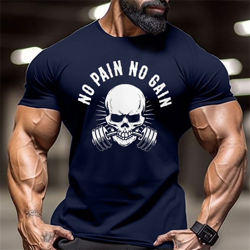 Men's No Pain No Gain Gym T-Shirt | Motivational Skull Graphic Workout Tee3