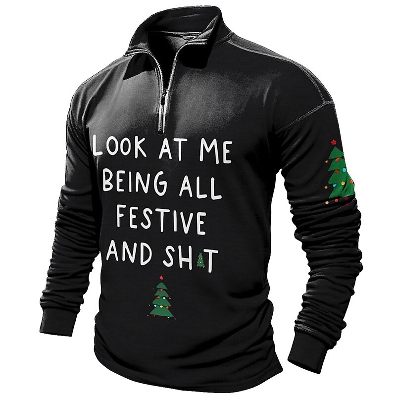 Christmas Men's Funny Christmas 3D Zipper Polo Letter Casual Zip Golf Long Sleeve Outdoor Casual Daily Streetwear Fall & Winter 3D Print Zip Black Wine Blue Micro-elastic Polyester2
