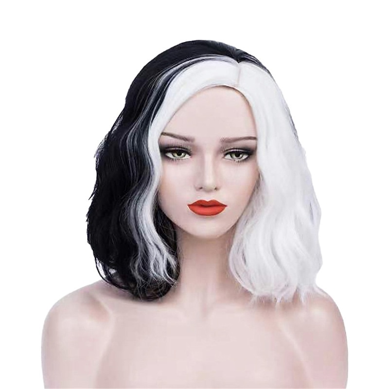 Cruella Deville Wig Black and White Wigs for Cruella Deville Costume Women Cruella Wig with Gloves Short Curly Wavy Hair Wig Halloween Wigs2