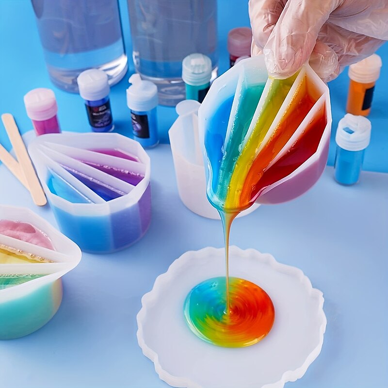 Silicone Split Cups 4 Pcs Thickened And Durable Resin Mixing Cups Fluid Art Acrylic Paint Pouring Drawing Resin Pouring DIY Make Resin Art Drawings With 2-5 Channels Divider Paint Pouring Supplies2