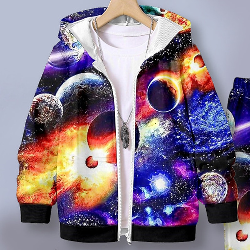 Boys 3D Galaxy Hoodie & Sweatpants Set Set Long Sleeve 3D Printing Fall Winter Active Fashion Cool Kids 3-12 Years Outdoor Vacation Street Regular Fit3