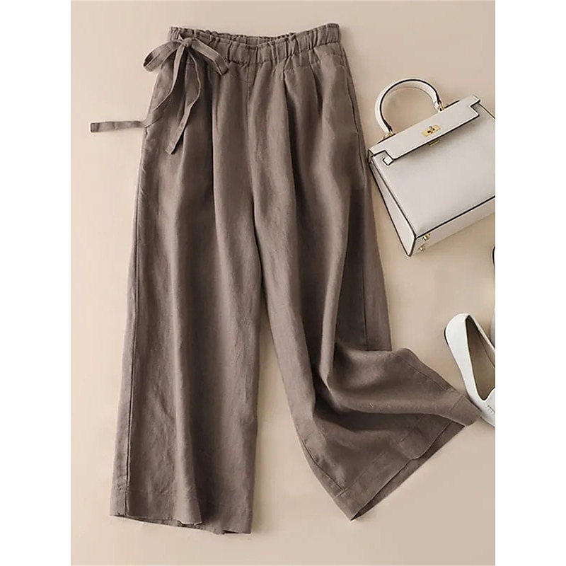 Women's Wide Leg Cropped Pants Vacation Vintage Casual Ankle-Length High Waist Solid Color Drawstring Elastic Waist Breathable Comfortable Micro-elastic Outdoor Street Daily ArmyGreen Maroon Red hemp
