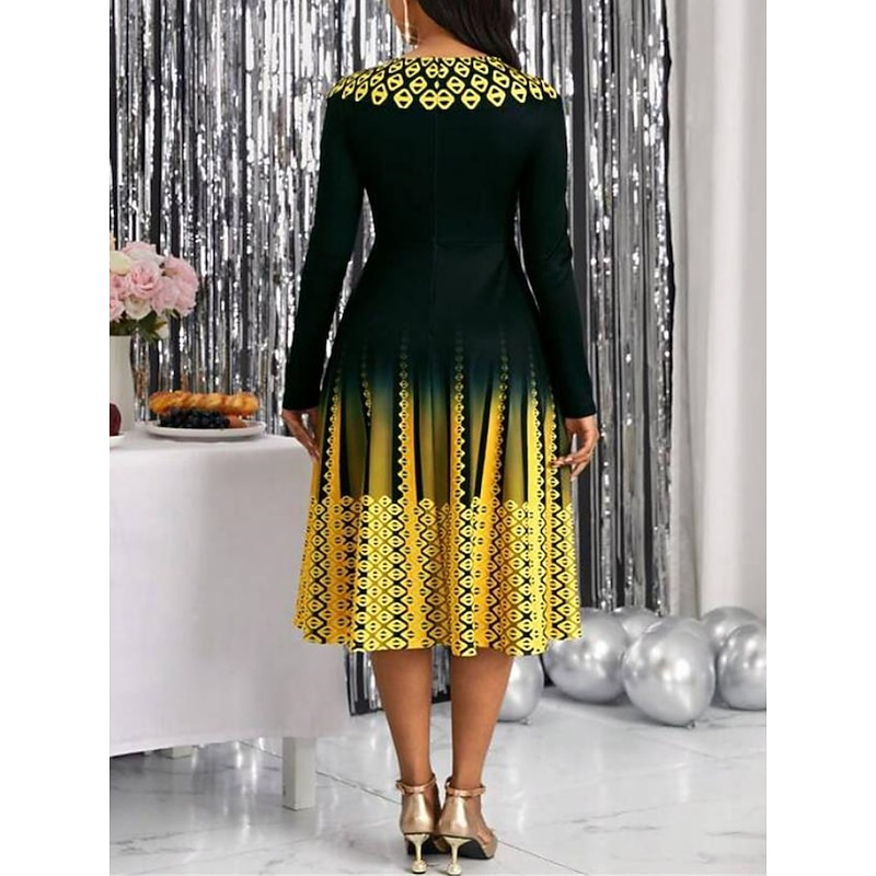 Women's Midi Dress A Line Dress Casual Dress Winter Dress Swing Dress Streetwear Modest Formal Vacation Party Regular Fit Geometric Color Block Long Sleeve Crew Neck Yellow Pink Blue Purple3