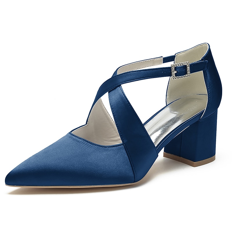 Elegant Women's White Satin Pointed Toe Block Heels – Crisscross Strap Design for Weddings, Formal Parties, and Special Occasions3