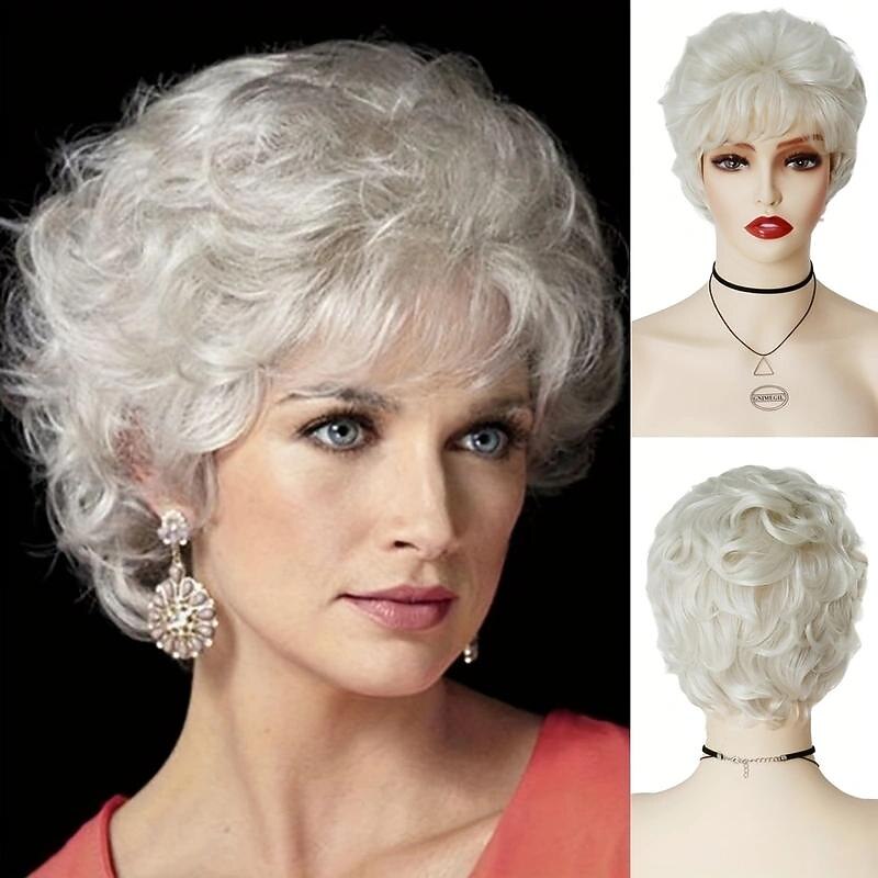 Short Curly Wigs For Women Old Lady Costume Halloween Wig Grey White Granny Wig With Bangs High Temperature Fibers
