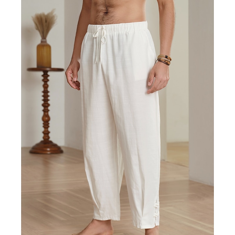 10% Linen Men's Linen Pants Trousers Summer Pants Pleated Pants Front Pocket Straight Leg Plain Comfort Breathable Casual Daily Holiday Fashion Basic White