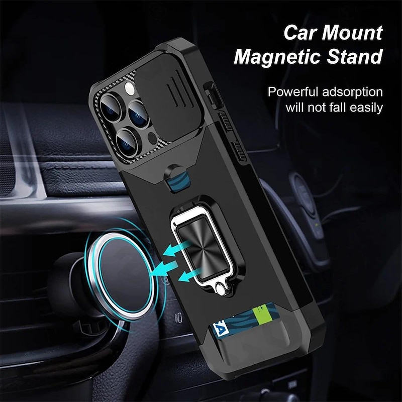 Phone Case For iPhone 15 14 Pro Max Plus 13 12 11 Pro Max Mini Back Cover Ring Holder Card Slot Shockproof TPU PC2