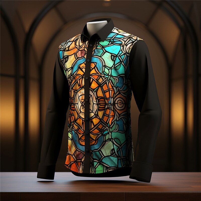Men's Color Block Colorful Shirt Button Up Shirt Long Sleeve Artistic Abstract Daily Wear Going out Fall & Winter Turndown Print Button-Down Red Blue Purple Orange