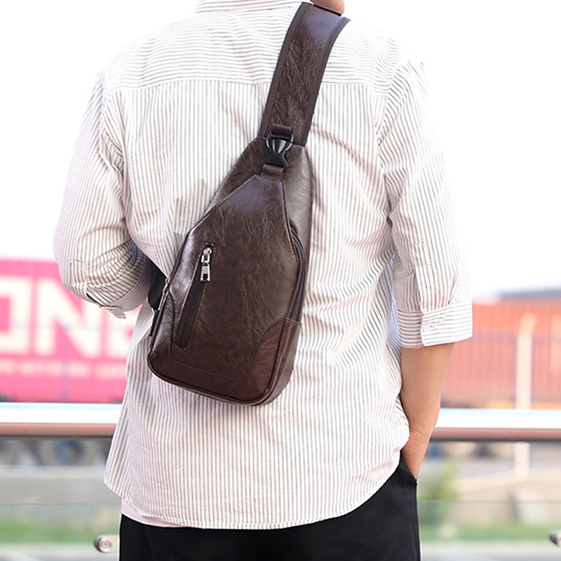 Men's Crossbody Bag Shoulder Bag Chest Bag Leather Outdoor Daily Holiday Zipper Large Capacity Waterproof Lightweight Solid Color Dark Brown Black Brown4