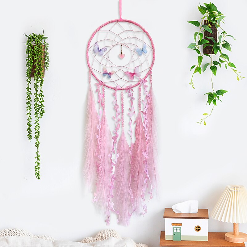 Butterfly Dream Catcher Handmade Gift Feather Hook Flower Wind Chime with One Circle Ornament Wall Hanging Decor Art Boho Style