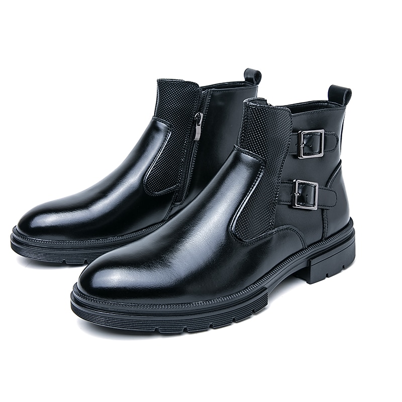 Men's Navy Blue Faux Leather Chelsea Boots, Double Buckle Ankle Boots with Elastic Side for Stylish Durable Wear 17