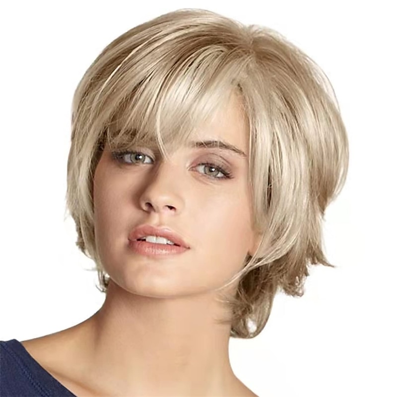 Short Blonde Wig with Bangs Blonde Mix Brown Wigs for White Women Natural Fluffy Synthetic Hair Womens Wigs2