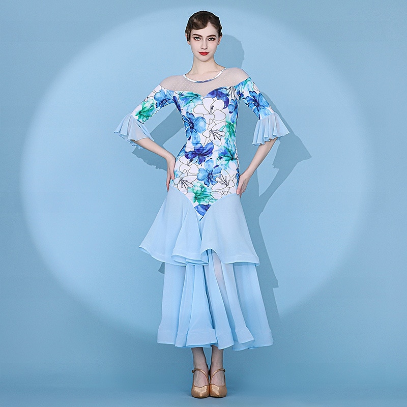 Ballroom Dance Dress Printing Ruffles Women's Performance Training Half Sleeve Natural Polyester4