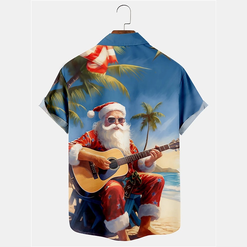 Christmas Men's Santa Claus Shirt Short Sleeve Hawaiian Casual Daily Wear Going out Weekend Autumn / Fall Turndown Pocket Print Button-Down Burgundy Blue2