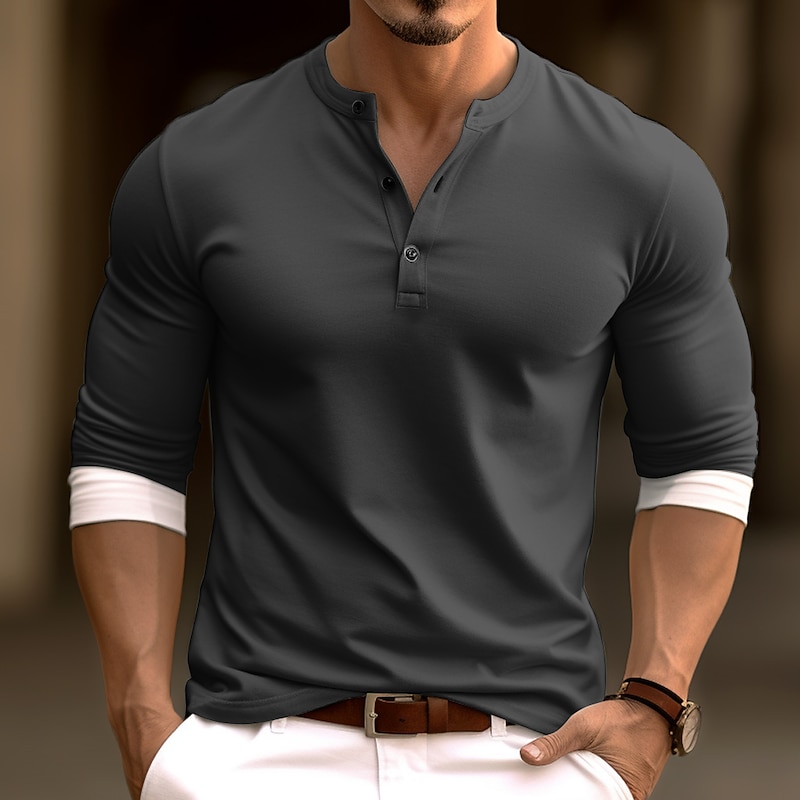Men's Button T Shirt T Shirt Henley Shirt Tee Top Long Sleeve Henley Spring & Fall Color Block Fashion Designer Basic Patchwork Vacation Street Going out White Blue Dark Gray Top Tee for Men4
