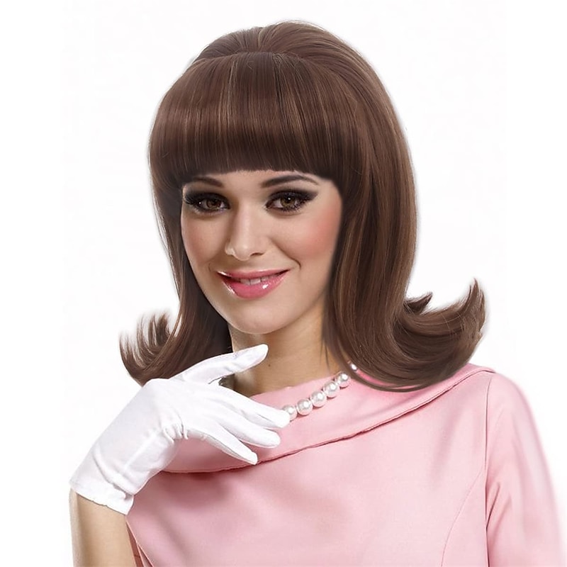 Brown 60s Retro Beehive Wigs for Women 70s Classic Style Cosplay Wig With Bang for Party Carnival Use Costume Cosplay Brown Highlight Halloween Wigs