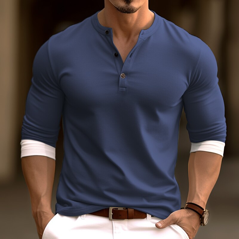 Men's Button T Shirt T Shirt Henley Shirt Tee Top Long Sleeve Henley Spring &  Fall Color Block Fashion Designer Basic Patchwork Vacation Street Going out White Blue Dark Gray Top Tee for Men