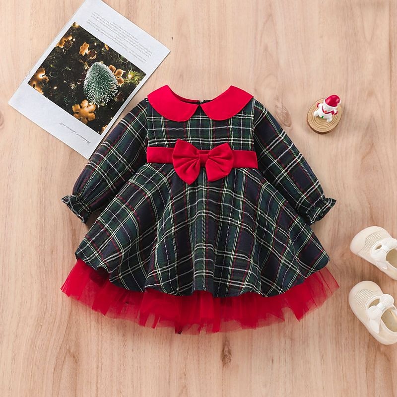 Toddler Girls' Dress Plaid Long Sleeve School Performance Party Tie Knot Active Adorable Daily Cotton Midi Casual Dress Spring Fall Winter 3-7 Years Red2