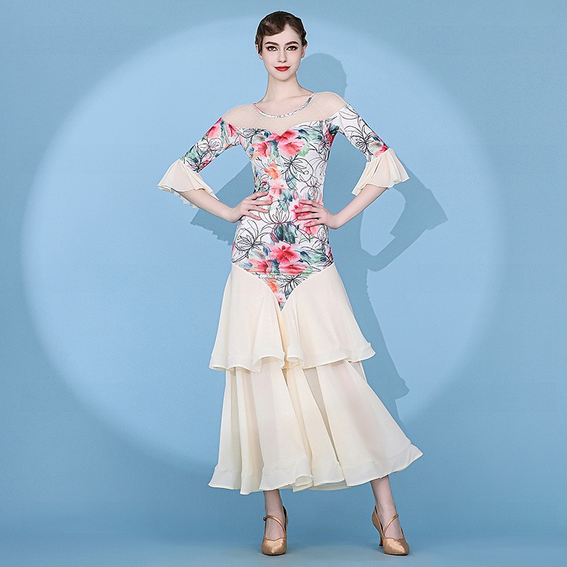 Ballroom Dance Dress Printing Ruffles Women's Performance Training Half Sleeve Natural Polyester