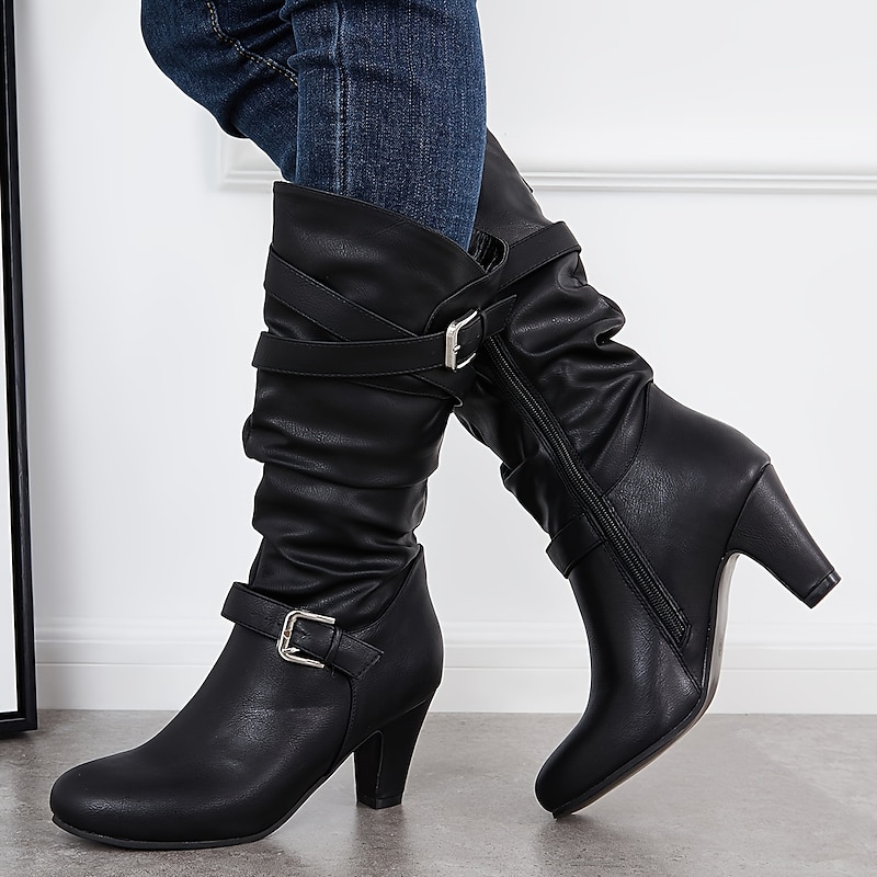 Women's Mid-Calf Slouch Boots with Buckle Straps and Block Heel, Stylish Casual Footwear for Fall and Winter Outfits4