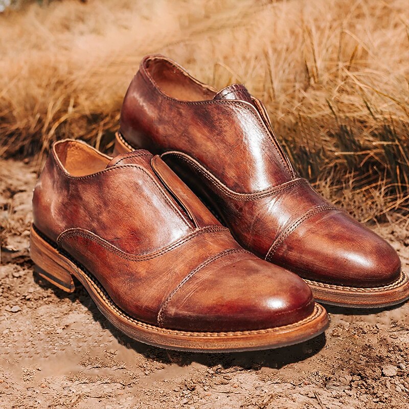 Men's Vintage Brown Faux Leather Slip-On Oxford Shoes – Formal Footwear for Business or Casual Wear