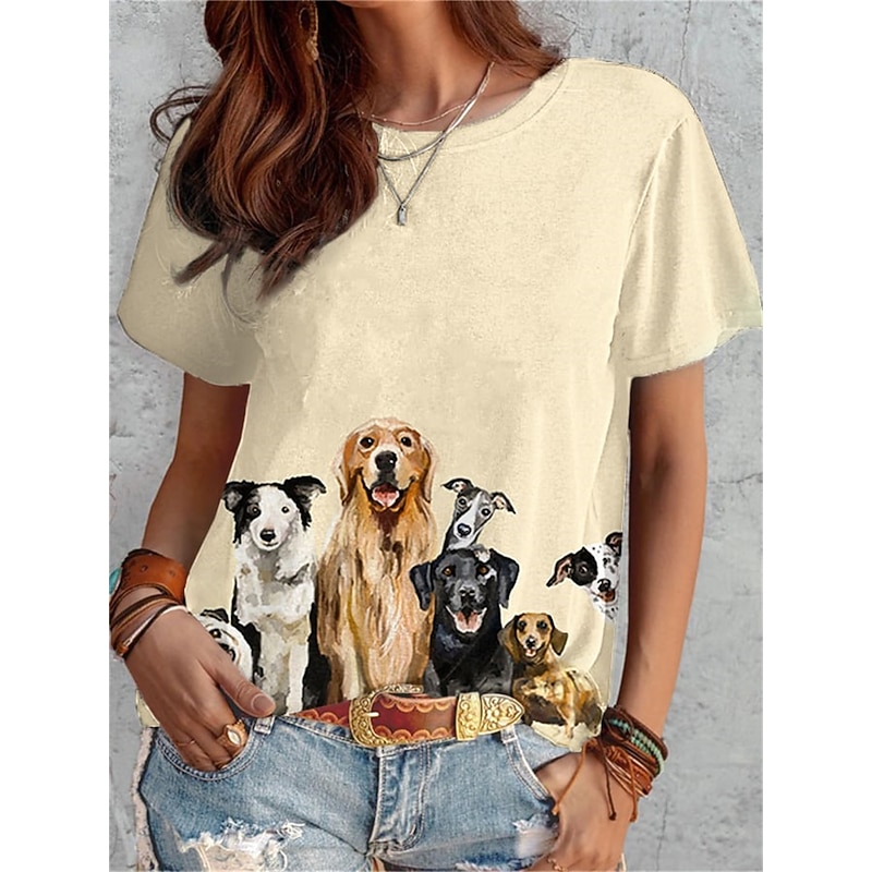 Women's T Shirt Fashion Funny Dog Print Short Sleeve Regular Tops Round Neck Daily Weekend White Yellow Blue Brown Gray Spring & Summer