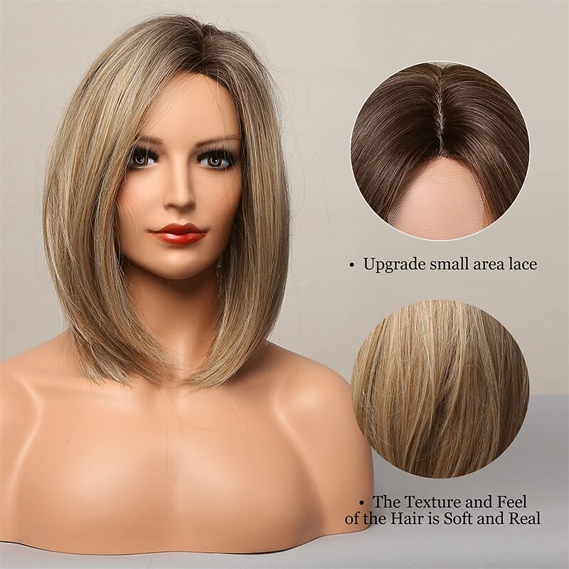 Ash Blonde Bob Wig Short Hair Side Parting Wig Hand-Tied Hairline Shoulder Length Ombre Wig Natural Looking Synthetic Ladies Wig3