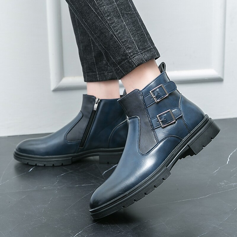 Men's Navy Blue Faux Leather Chelsea Boots, Double Buckle Ankle Boots with Elastic Side for Stylish Durable Wear 13