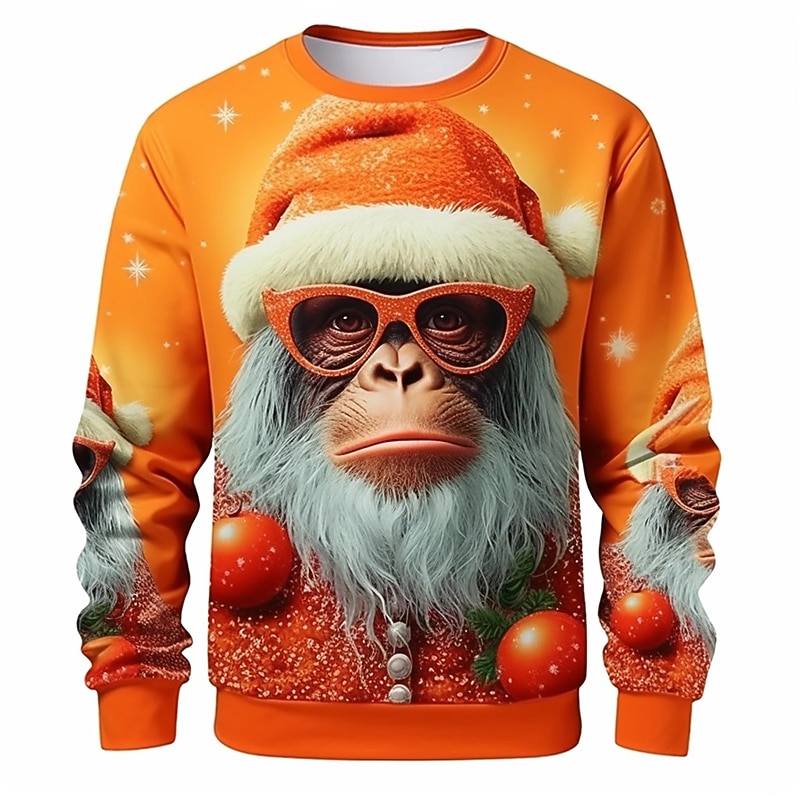 Men's Animal Orangutan Merry Christmas Sweatshirts Sweatshirt Golf Pullover Sweatshirt Long Sleeve Sweatshirt Crew Neck Fashion Daily Casual 3D Print Vacation Holiday Going out Print Spring &  Fall - Main Image