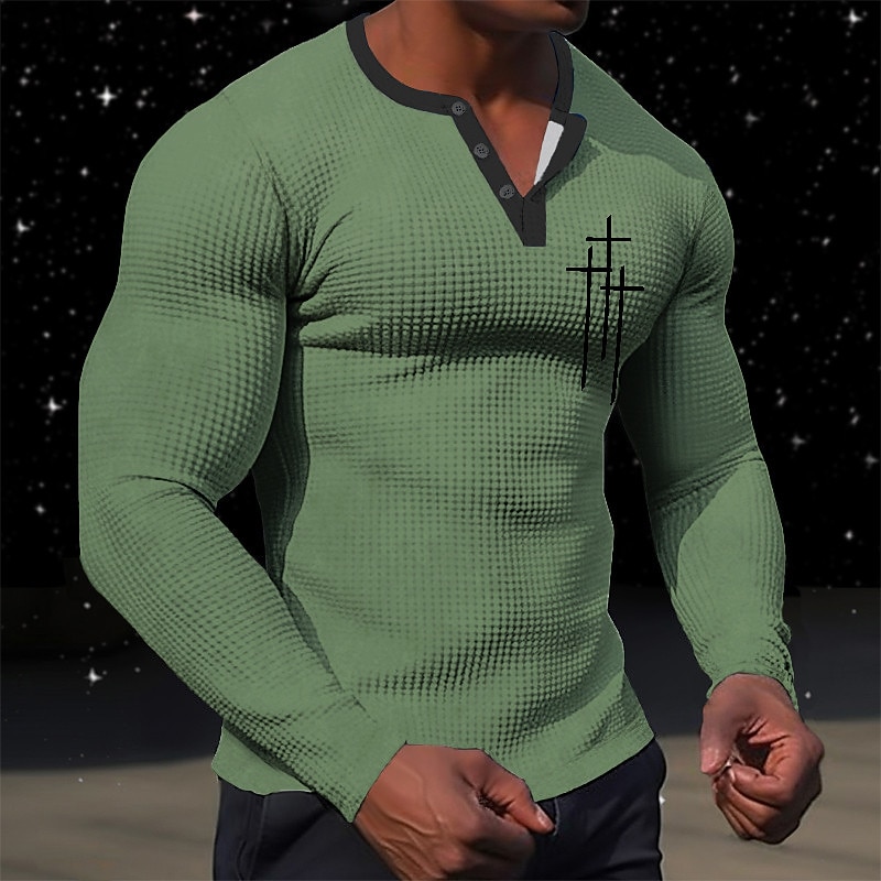 Men's Graphic Faith T Shirt Henley Shirt Waffle T Shirt Long Sleeve Daily Classic Casual Sports Outdoor Casual Going out Spring &  Fall Black White Green Khaki Gray V Neck Henley T-Shirt3