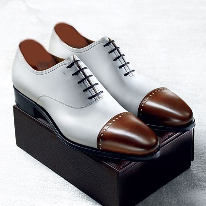 Men's Two-Tone Cap Toe Oxford Dress Shoes – Elegant Faux Leather Lace-Up Formal Footwear for Weddings, Business, and Evening Events