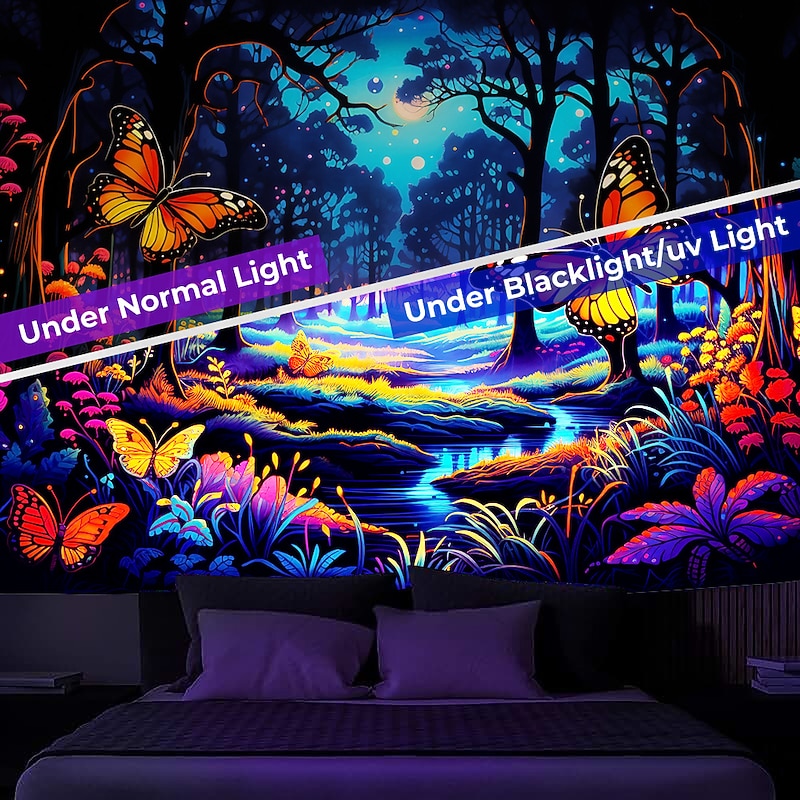 Blacklight Tapestry UV Reactive Glow in the Dark Glow Party Neon Butterflies Forest Trippy Misty Hanging Tapestry Wall Art Mural for Living Room Bedroom4