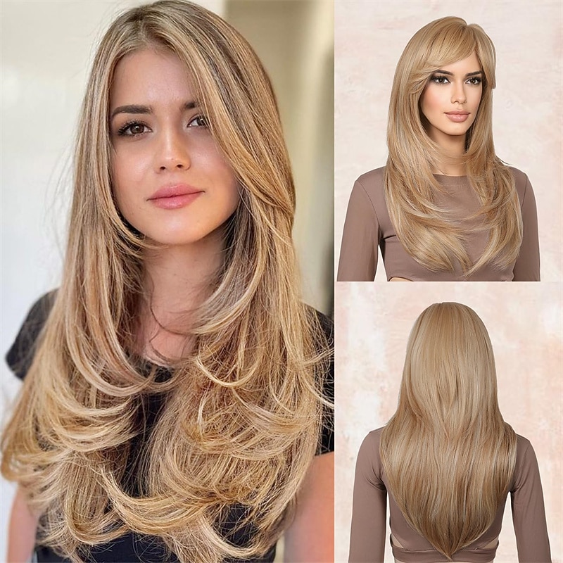 Long Blonde Wigs with Side Bangs Layered Wigs for Women Shoulder Length Synthetic Wigs for Women Daily Cosplay Halloween Party 23 Inch Golden Blonde with Light Blonde Highlights