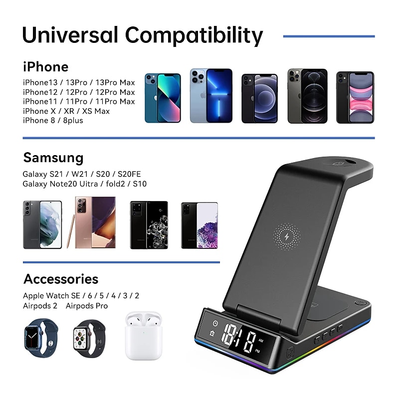 5 In 1 15W Foldable Wireless Charger Stand RGB Dock LED Clock Fast Charging Station for iPhone Samsung Galaxy Watch 5/4 S22 S212