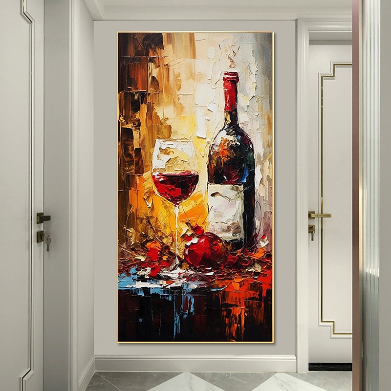 Bottle of Wine Painting Handpainted Glass of Wine Original Art Red Wine Home Room Wall Decor Kitchen Art  Modern Rolled Canvas No Frame