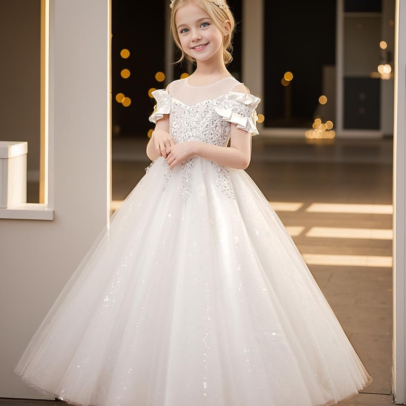 Kids Girls' Party Dress Solid Color Short Sleeve Wedding Special Occasion Princess Polyester Party Dress Flower Girl's Dress Summer Spring Fall 4-13 Years Black White Champagne