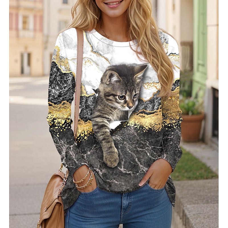Women's T shirt Crew Neck Long Sleeve Tunic Funny Cat Print Regular Tops Round Neck Daily Weekend Yellow Spring & Fall