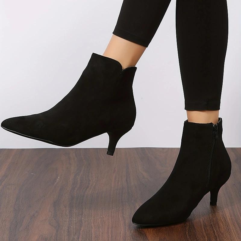 Chic Women's Black Faux Suede Pointed-Toe Ankle Boots with Zipper Closure - Ideal for Evening Events, Office Wear, and Fashionable Outings2