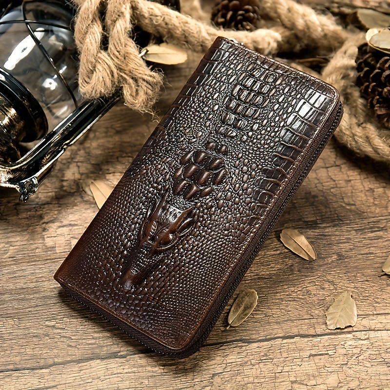 Crocodile Pattern Vintage Genuine Leather Long Wallet For men - Large Capacity Clutch Bag Multi-card Card Holder Coin Purse Wallet