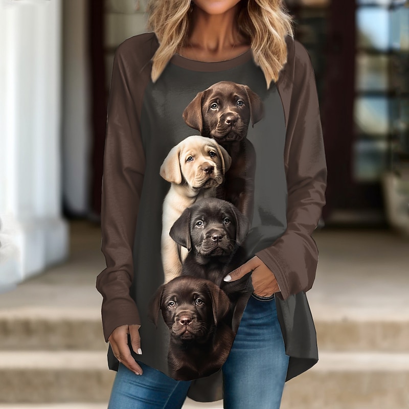 Women's T Shirt Dog Fashion Long Sleeve Round Neck Long Tops Daily Weekend Print Black Light Brown Brown Spring &  Fall3