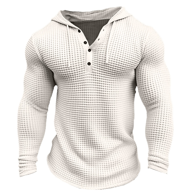 Men's Waffle Shirt T Shirt Tee Top Long Sleeve Shirt Long Sleeve Hooded Spring &  Fall Plain Fashion Designer Basic Vacation Street Going out White khaki Army Green Top Tee for Men2
