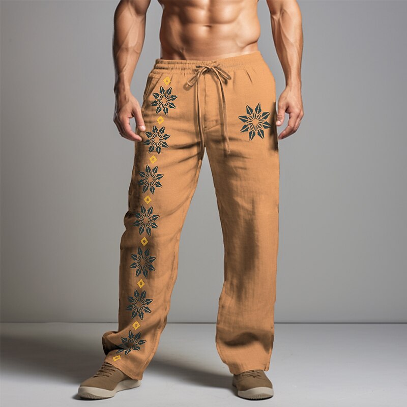 Men's Graphic Florals Linen Pants Pants Trousers Baggy Pants Mid Waist Vintage Casual Vacation Daily Wear Going out Spring Fall Black White Khaki2