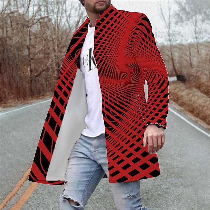 Men's Winter Coat Overcoat Coat Going out Weekend Print Fall & Winter Turndown Long Regular Fit White Red Green Jacket3