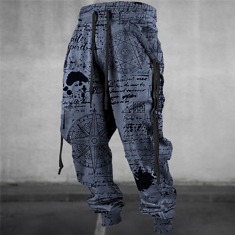 Graffiti Compass Vintage Men's 3D Print Sweatpants Joggers Pants Trousers Outdoor Street Casual Daily Polyester Blue Green Khaki S M L Mid Waist Elasticity Pants2