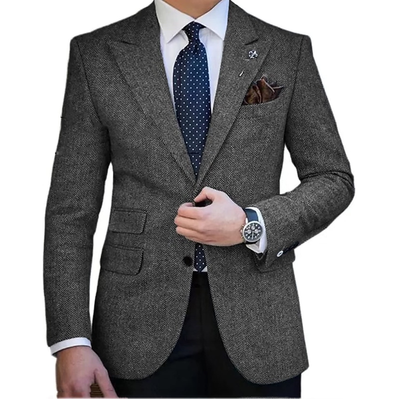 Men's Tweed Blazer Closure collar Retro Vintage Herringbone Blazer Brown khaki Dark Grey Plus Size Single Breasted Two-buttons3