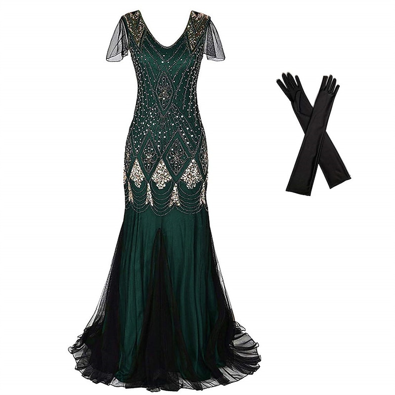 Retro Vintage Roaring 20s 1920s Flapper Dress Outfits Accessories Set The Great Gatsby Wedding Guest Sequins Sequin V Neck Fancy Dress Women's Halloween Carnival Masquerade Carnival Party / Evening
