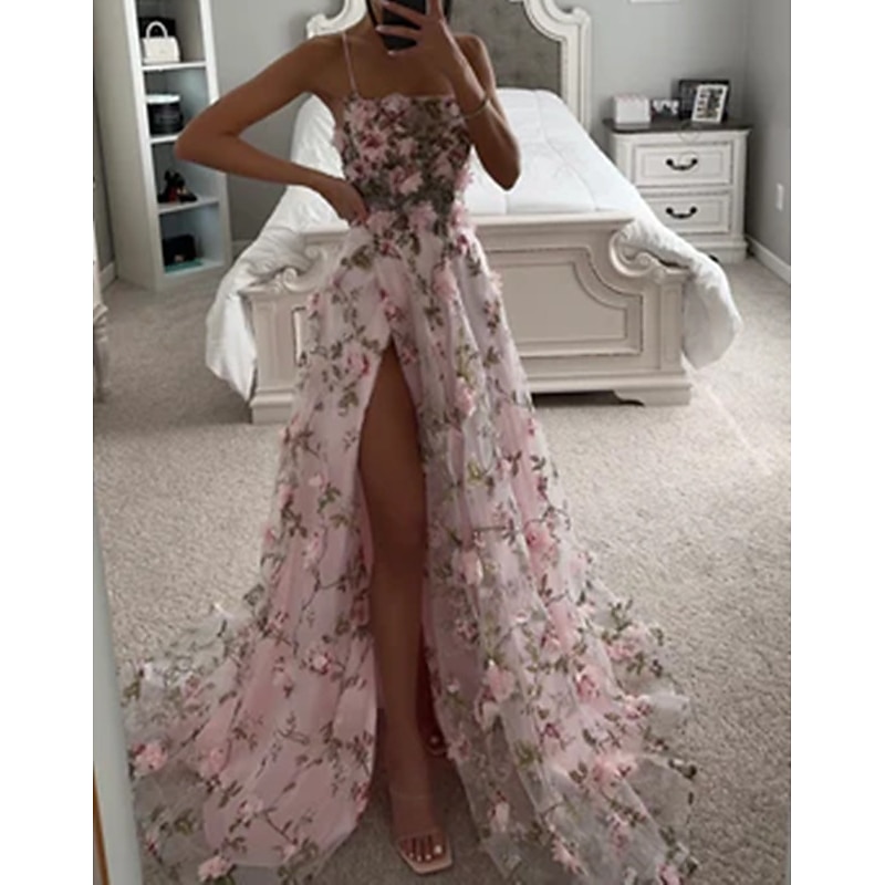 A-Line Prom Dresses Corsets Dress Formal Evening Party Court Train Sleeveless Spaghetti Strap Tulle with Slit3