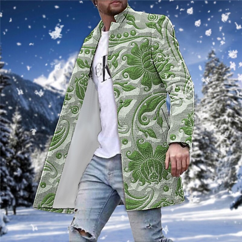 Men's Winter Coat Overcoat Coat Going out Weekend Print Fall & Winter Turndown Long Sleeve Blue Green khaki3